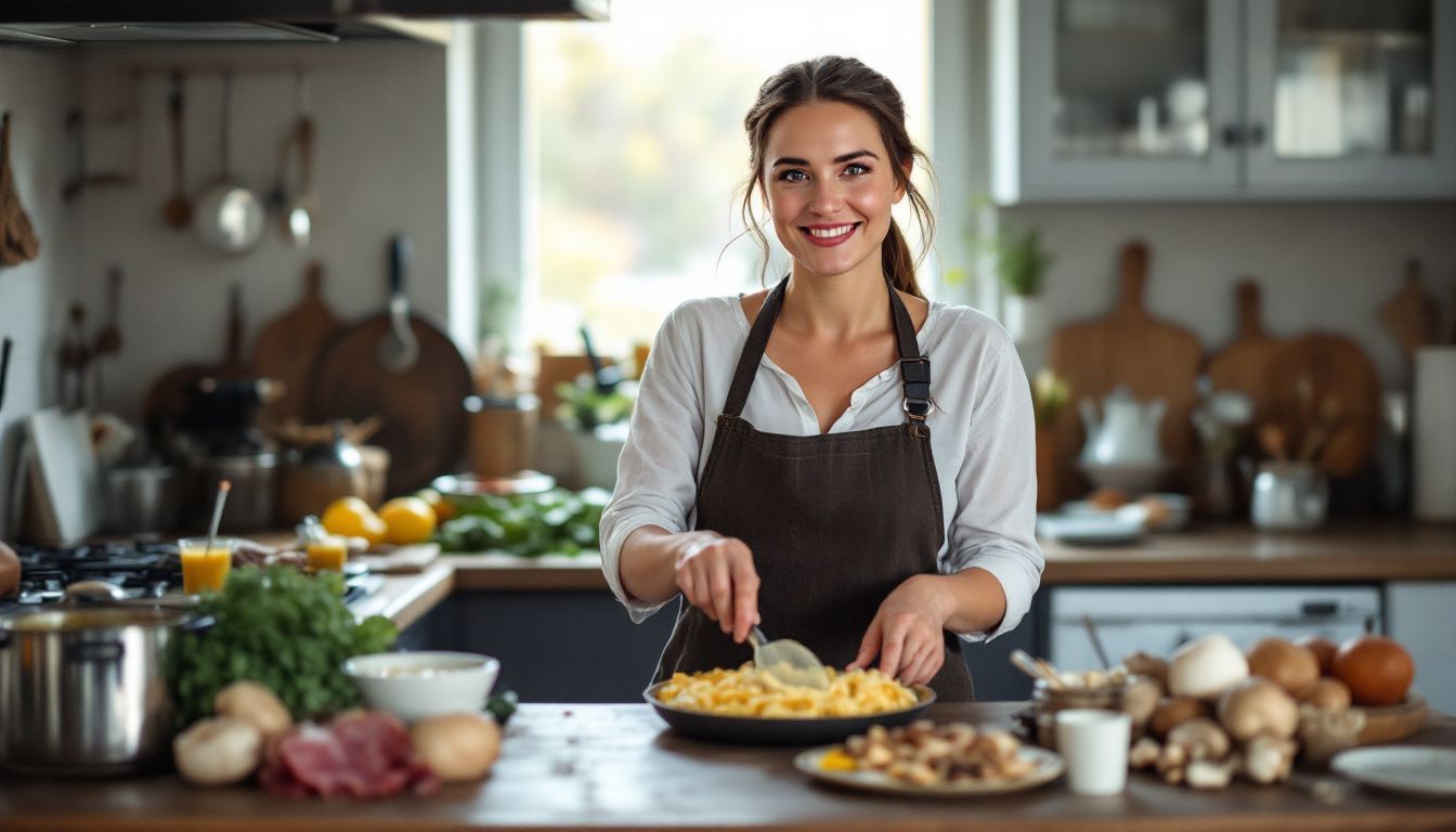 A woman in her 40s cooks Ficelle Picarde in a rustic kitchen.