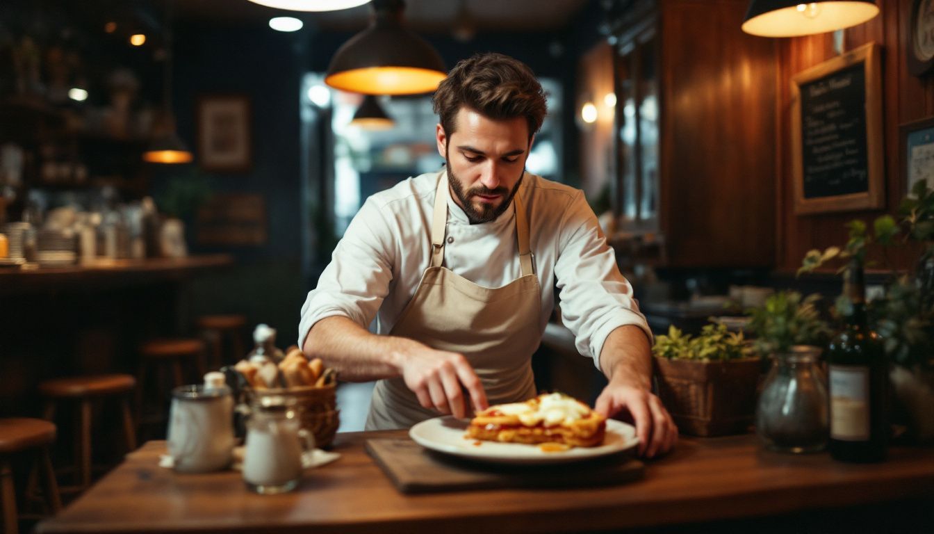 A chef preparing a Croque Monsieur in a cozy Parisian bistro.