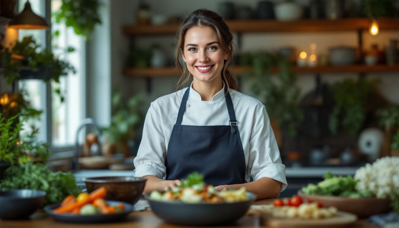 A mid-30s chef presents traditional French dishes in a cozy kitchen.