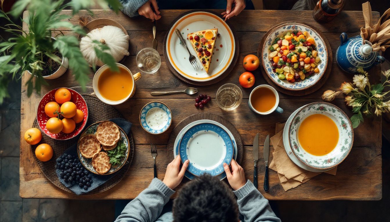 A rustic wooden table set with traditional French dishes.