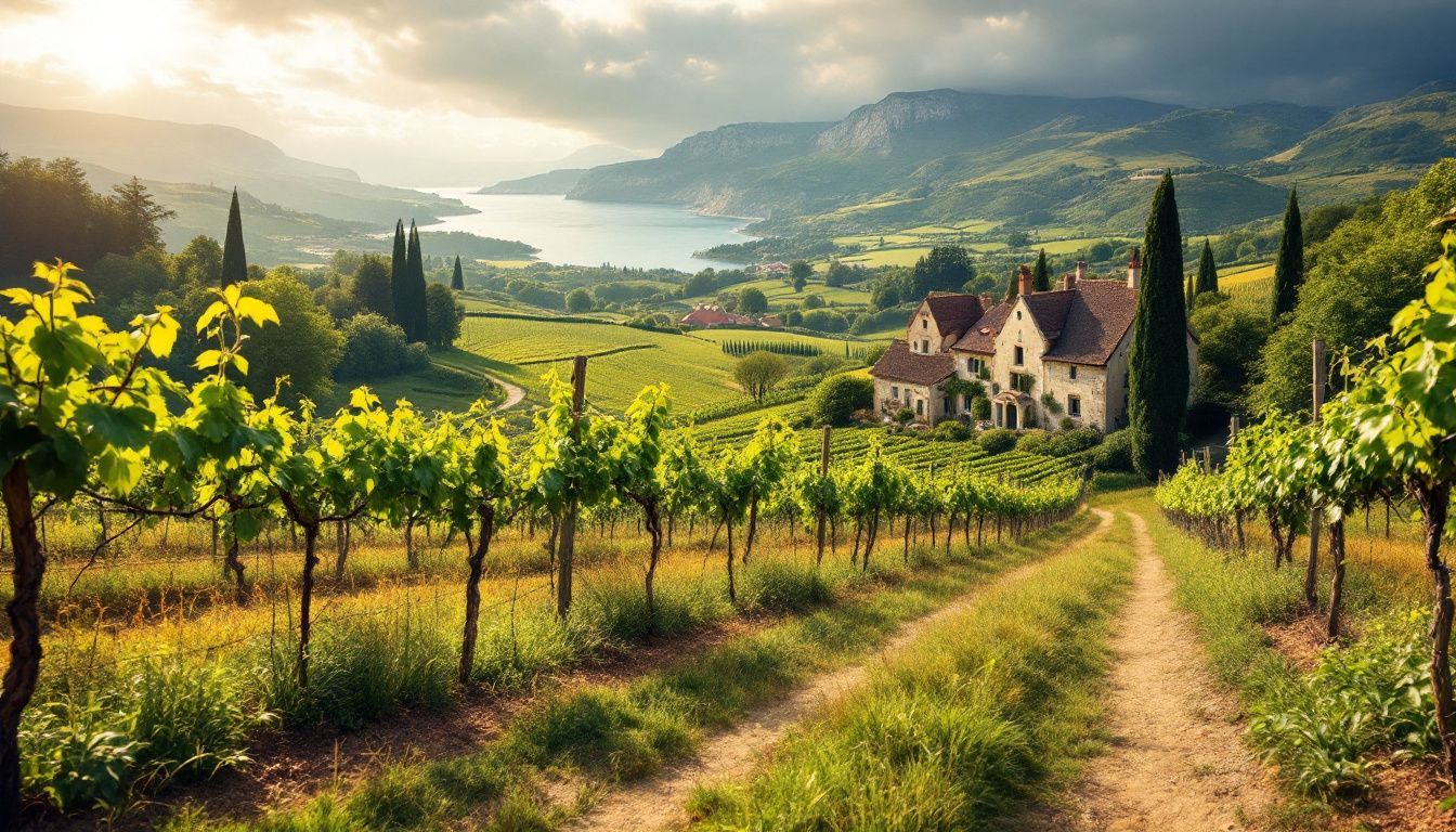 A rustic French countryside scene with vineyards, hills, and coastal cliffs.