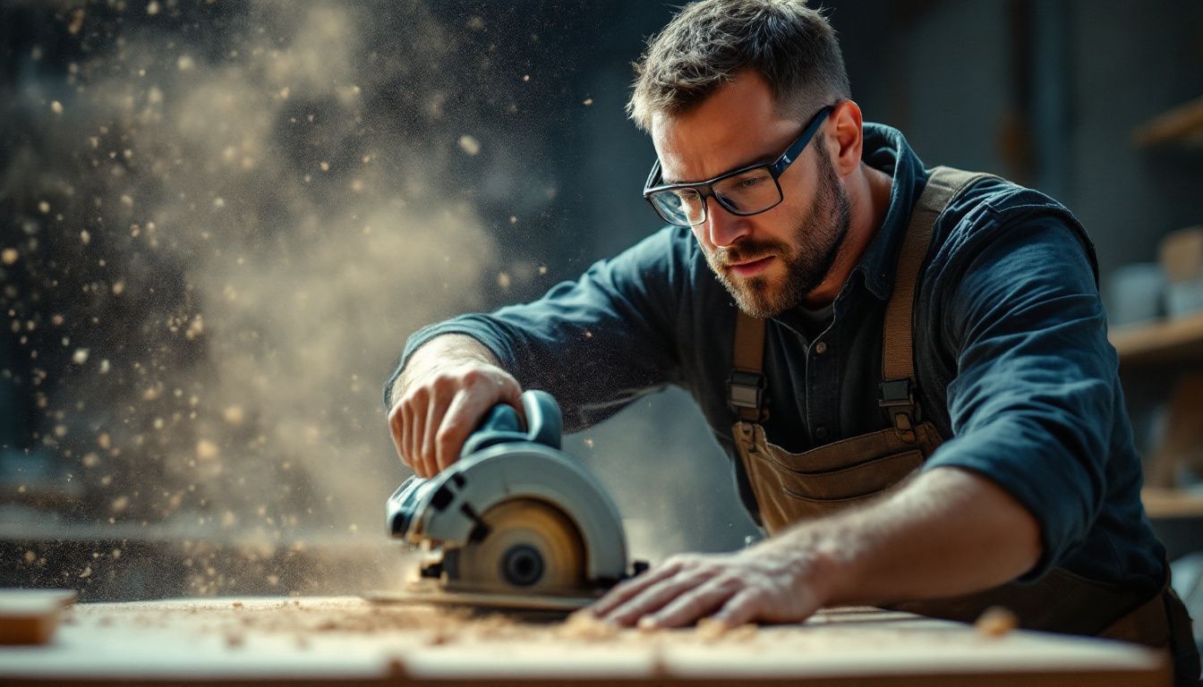 A person using a circular saw to cut plywood in a workshop.