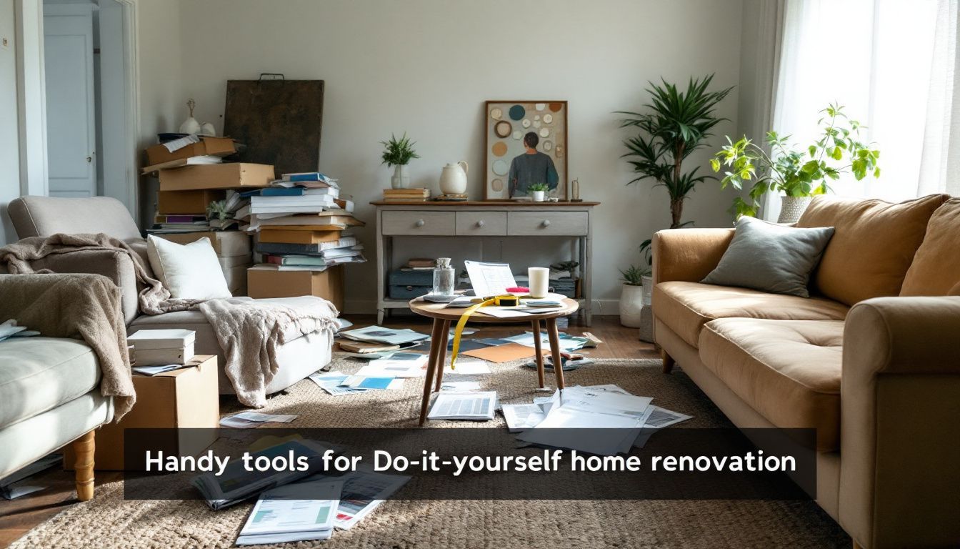A cluttered living room with DIY home renovation tools and materials.