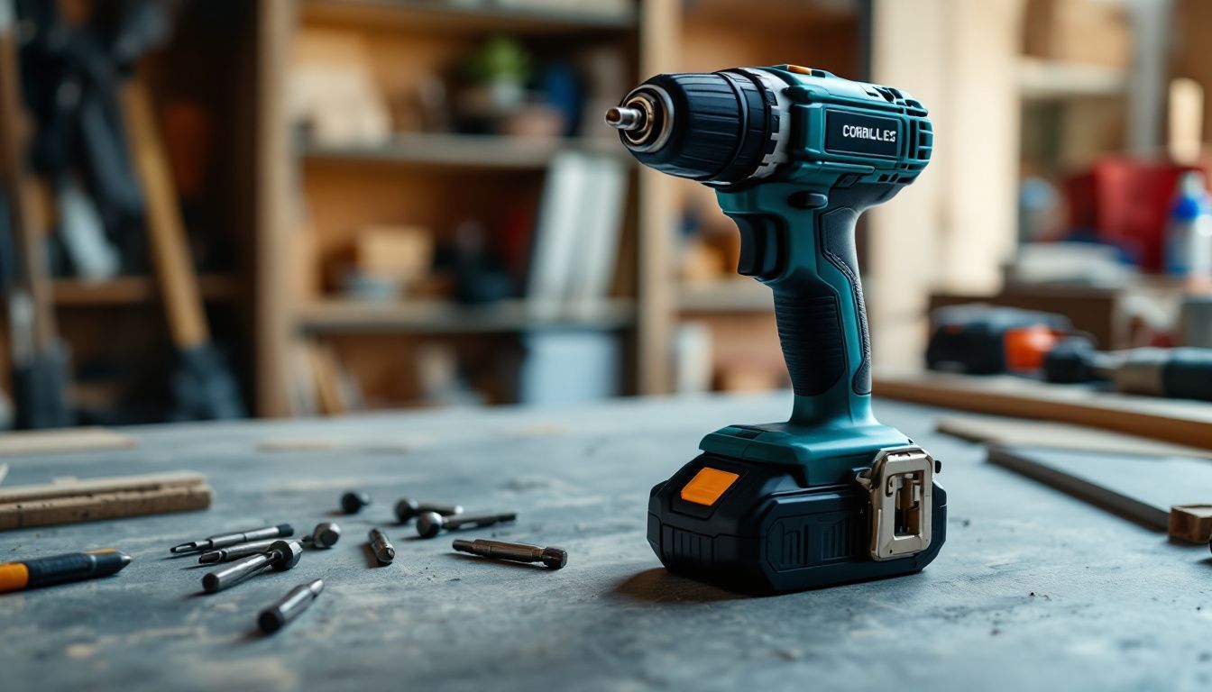 A cordless drill on a cluttered workbench with drill bits.