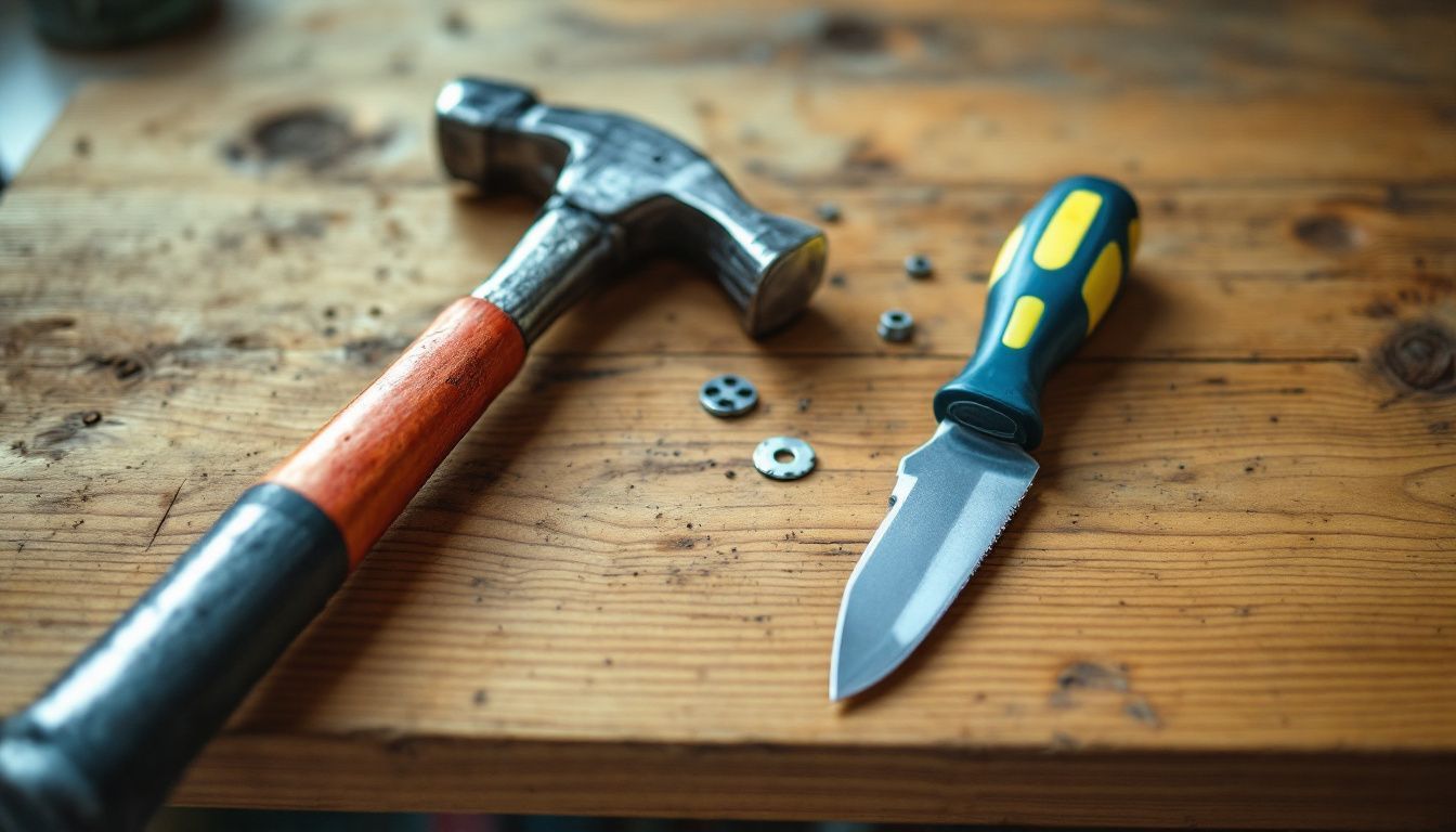 A well-used hammer, screwdrivers, and utility knife on a workbench.