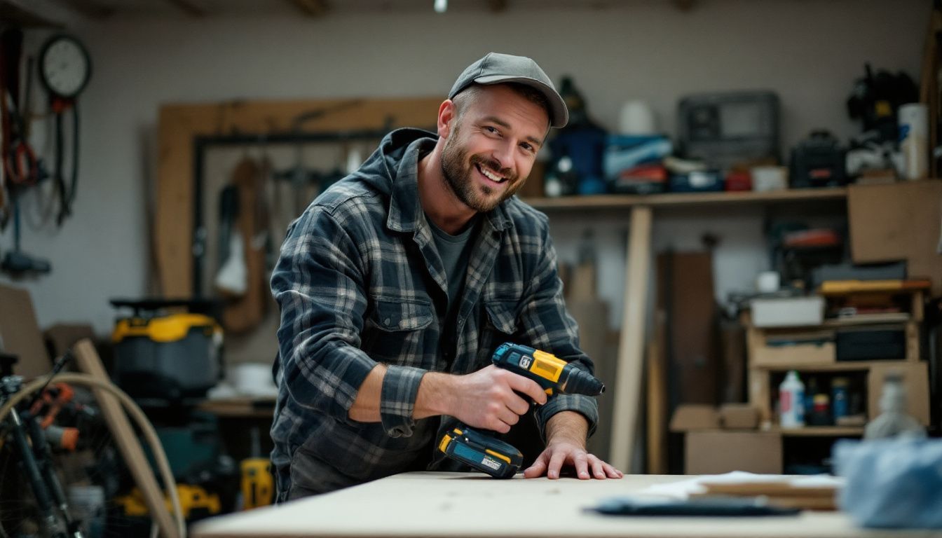 A man assembles furniture in a cluttered garage workshop using a drill.