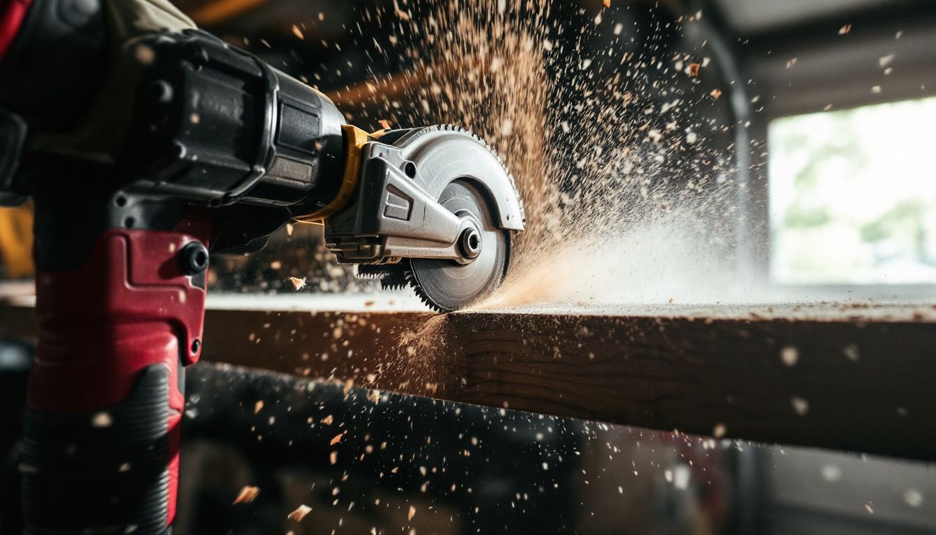 A reciprocating saw cuts through a wooden beam in a garage.