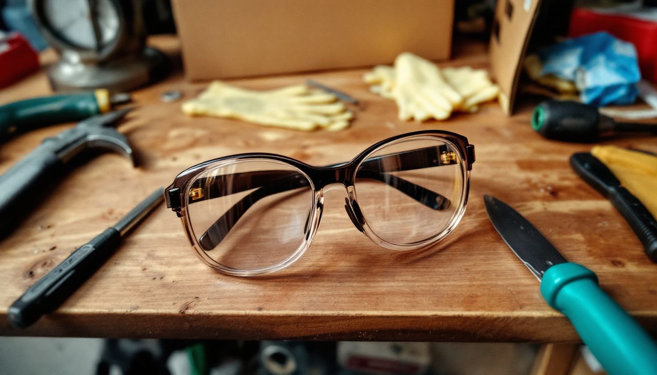 Safety glasses, gloves, and tools on a wooden workbench.