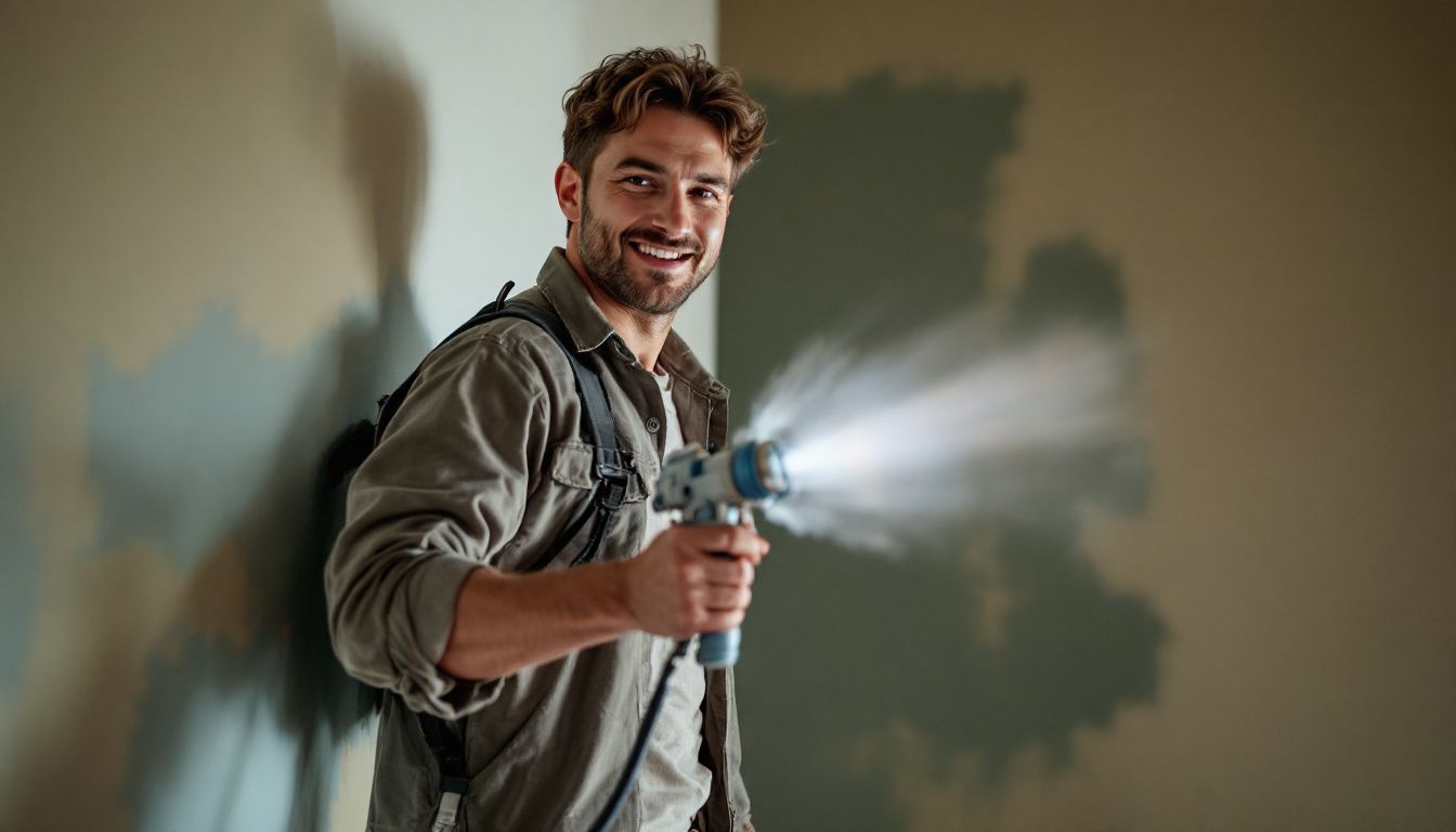 A DIY enthusiast in their 30s using a paint sprayer for home renovation.
