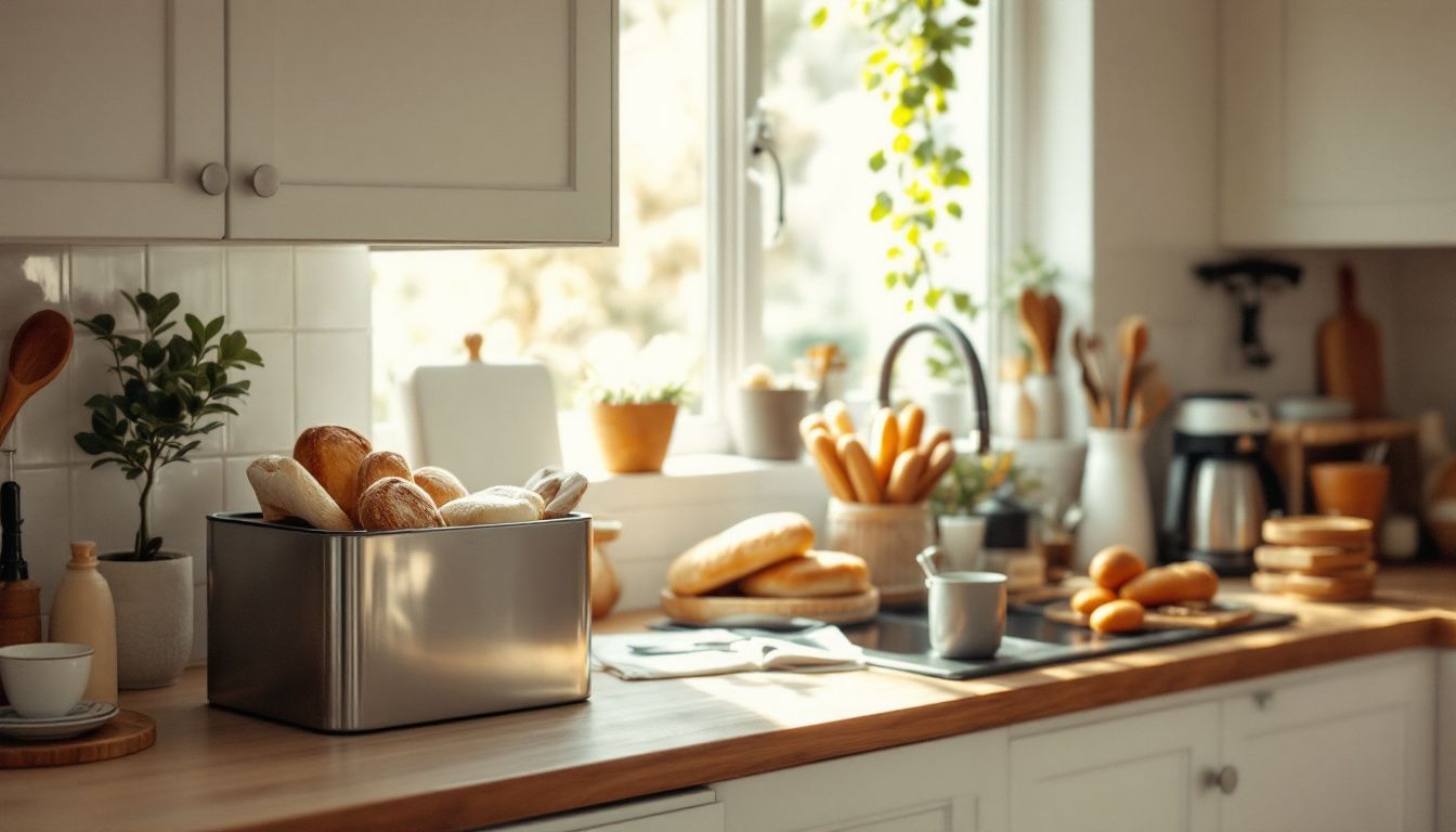 A cozy kitchen with modern white cabinets and a bread bin.