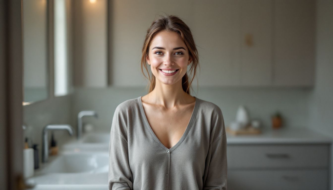 A woman in her 30s stands in a modern, organized bathroom.