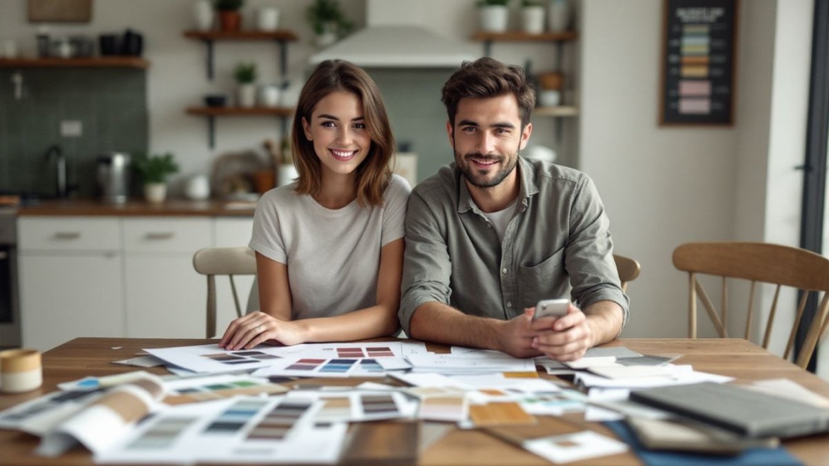 A couple looks at home renovation materials on a cluttered table.