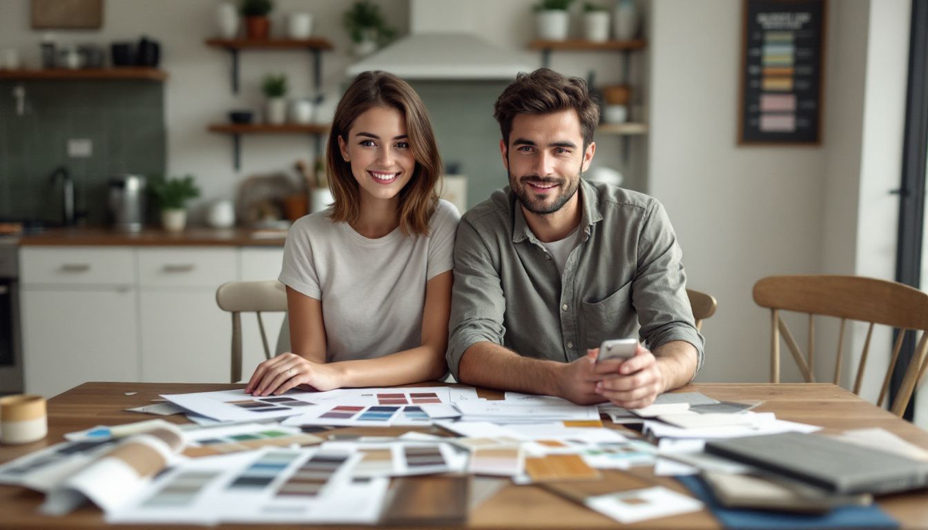 A couple looks at home renovation materials on a cluttered table.