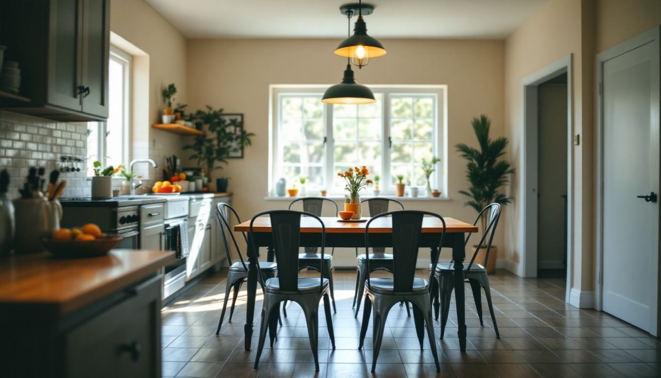 A cozy kitchen dining area with wooden table and metal chairs.