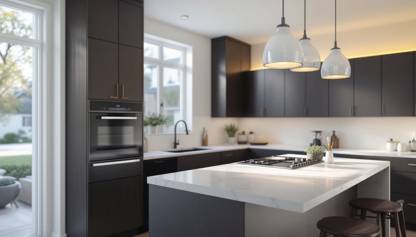 Sleek modern kitchen with marble island and dark wooden cabinets.