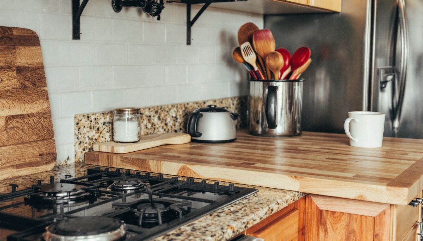 A kitchen with granite and butcher block countertops in a casual setting.
