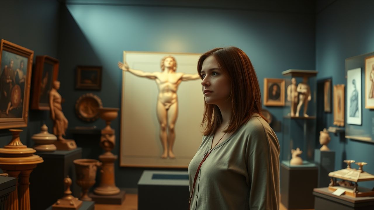 A woman in her 30s standing in a museum gallery.