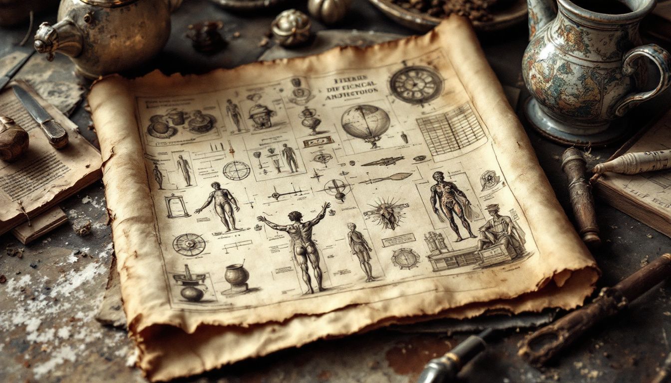 The image shows an old, worn parchment with detailed sketches.