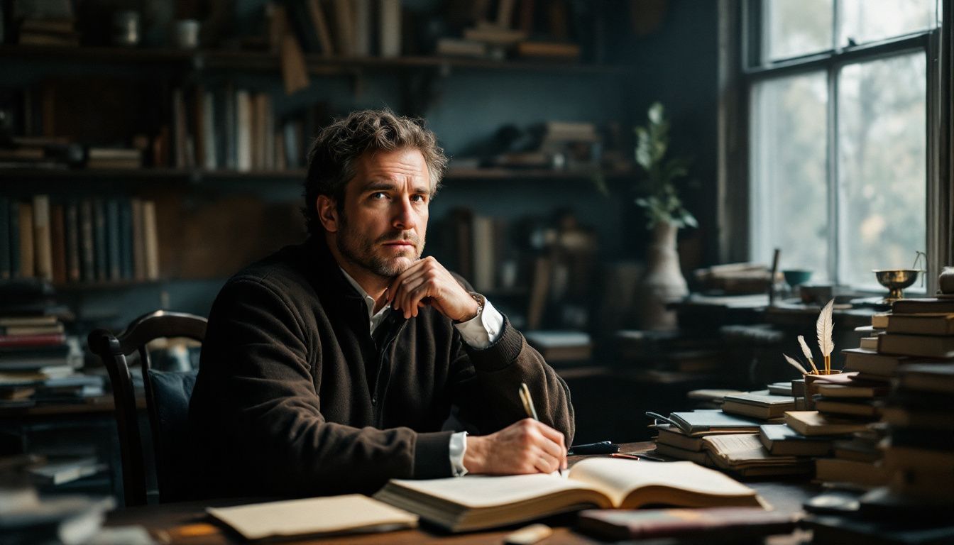 A man in his mid-40s is sitting at a cluttered desk reflecting on Renaissance philosophy.