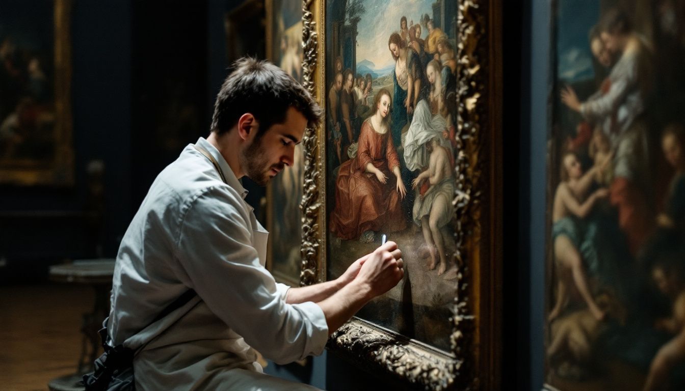 A conservator works on a centuries-old Renaissance painting in a gallery.