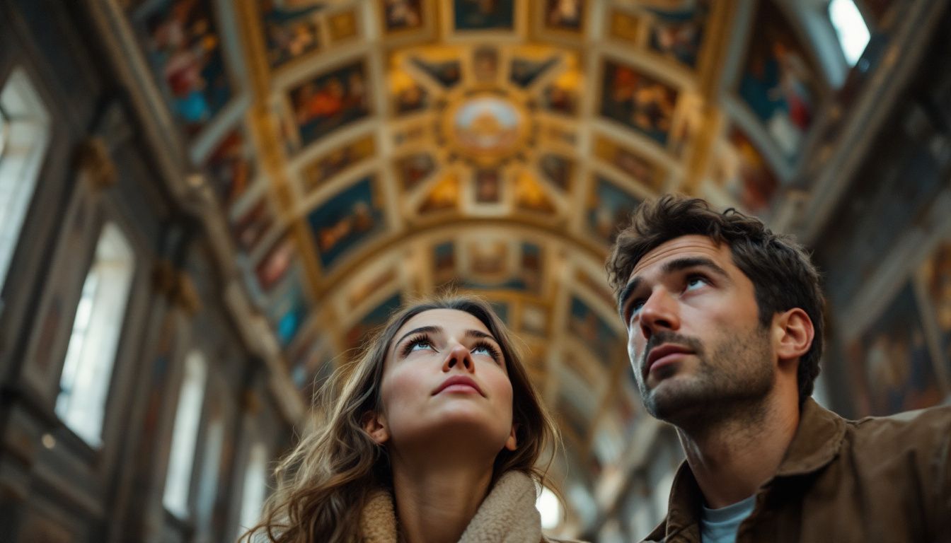 A couple admiring Michelangelo's Sistine Chapel in Rome.