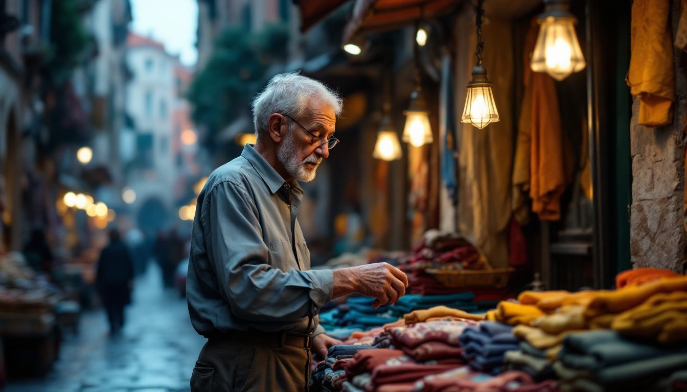 An elderly man examines colorful textiles in a dimly lit market.