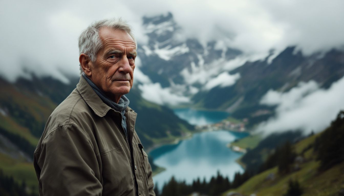 An elderly man stands in front of the Italian Alps.