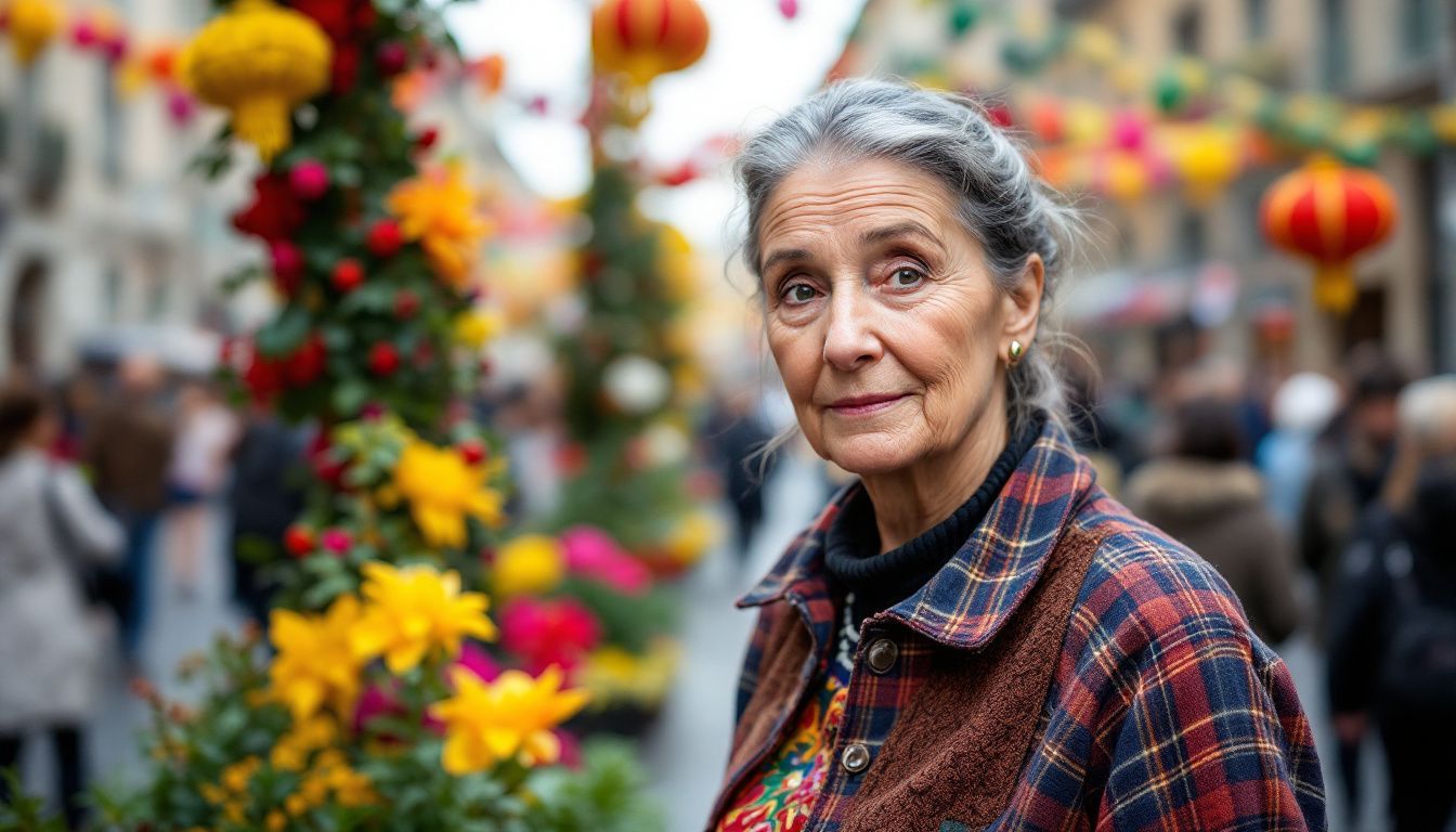 Elderly woman in traditional Italian clothing at Milan festival.