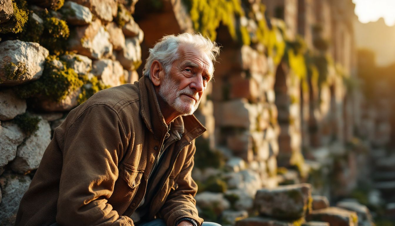 Elderly man exploring ancient Roman amphitheater in Northern Italy.