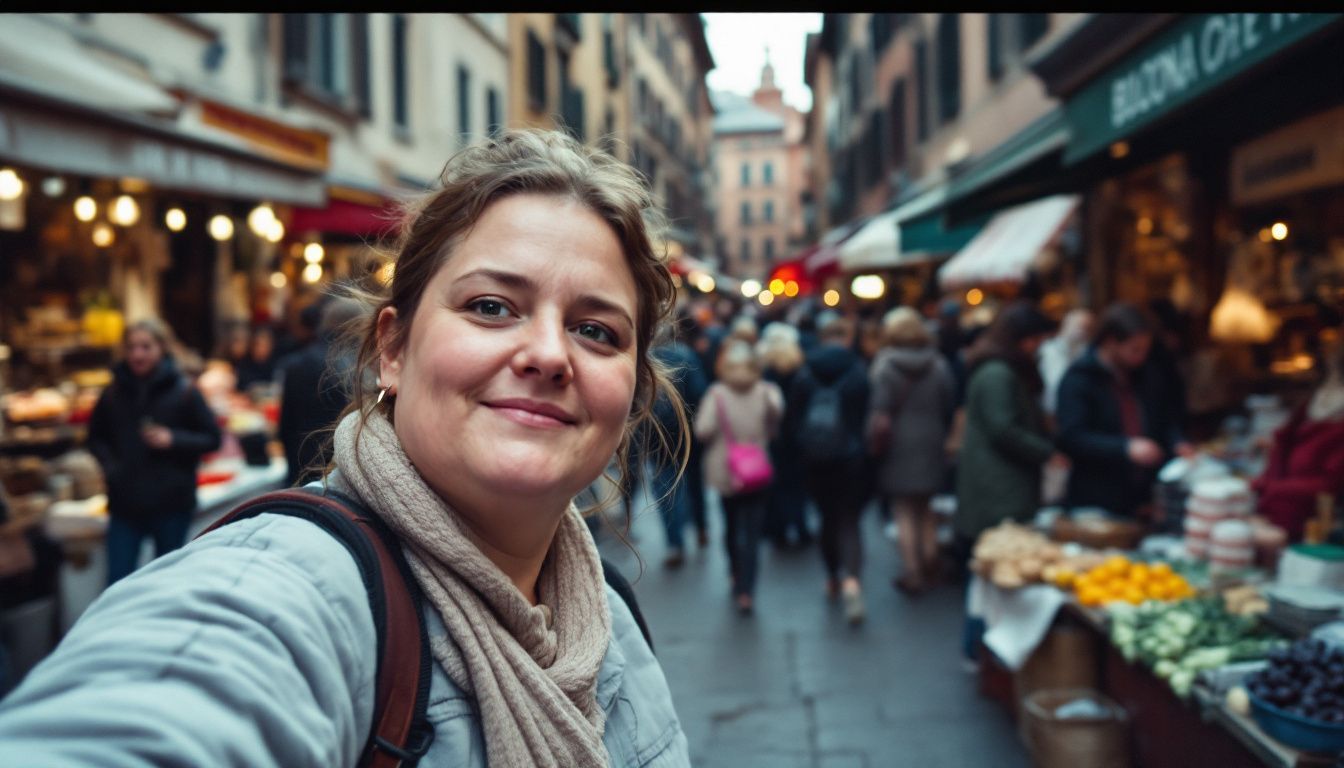 A crowded outdoor market in Bologna with food and fashion stalls.
