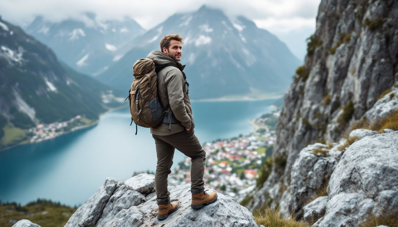 A hiker in his mid-30s standing on a rocky cliff overlooking the Italian Alps.