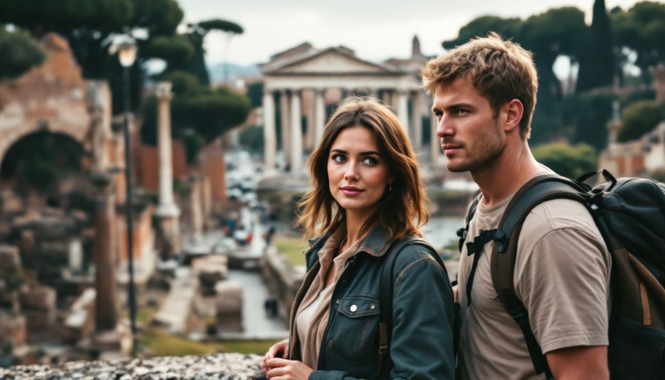 A couple in their 30s exploring Roman ruins on Palatine Hill.