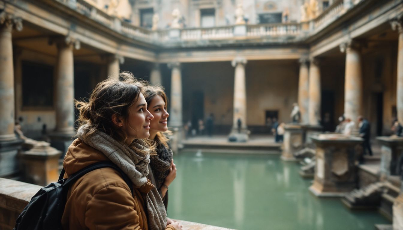 A couple in their 30s explores the Baths of Caracalla in Rome.