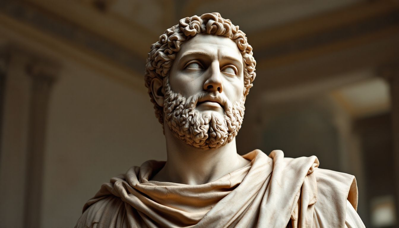 Aged marble statue of Emperor Marcus Aurelius in Capitoline Museums.
