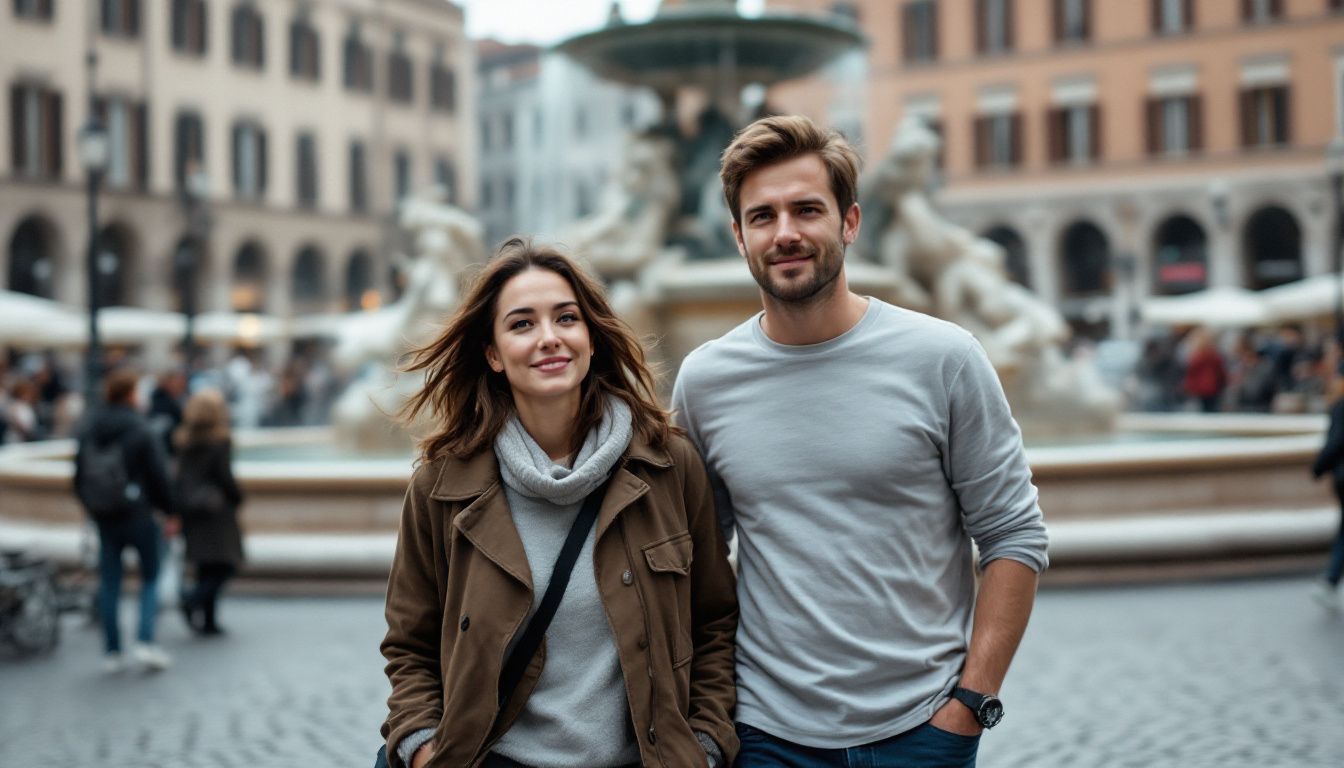 A couple walking in Piazza Navona, Rome, with the fountain in the background.