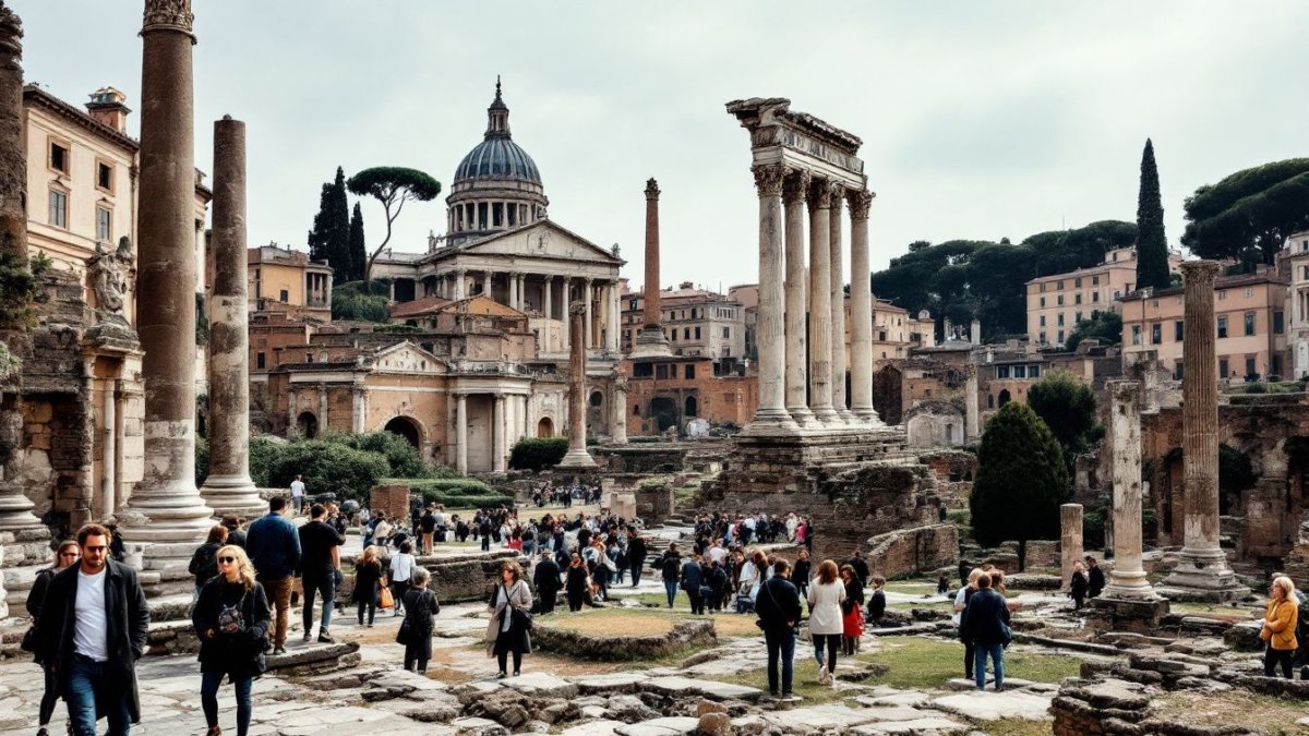 Ancient Roman ruins at Imperial Forums with Trajan's Column in background.