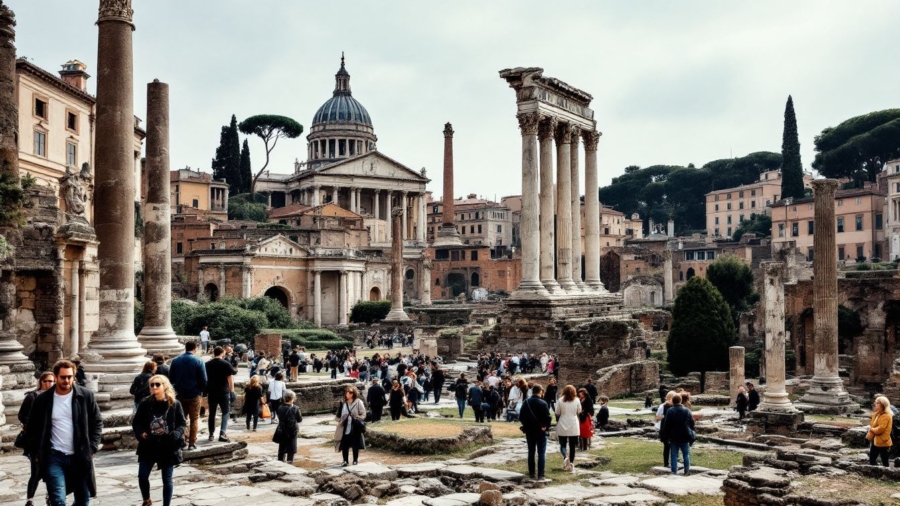 Ancient Roman ruins at Imperial Forums with Trajan's Column in background.