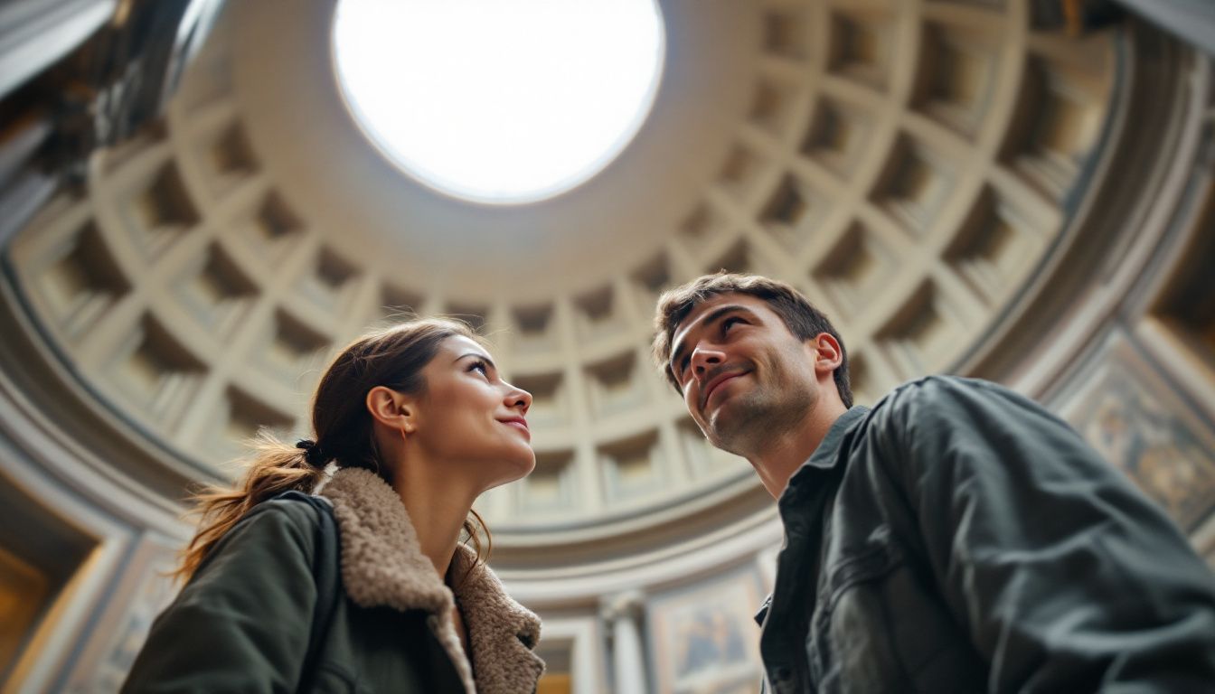 A couple in their 30s stands inside the Pantheon, looking up.