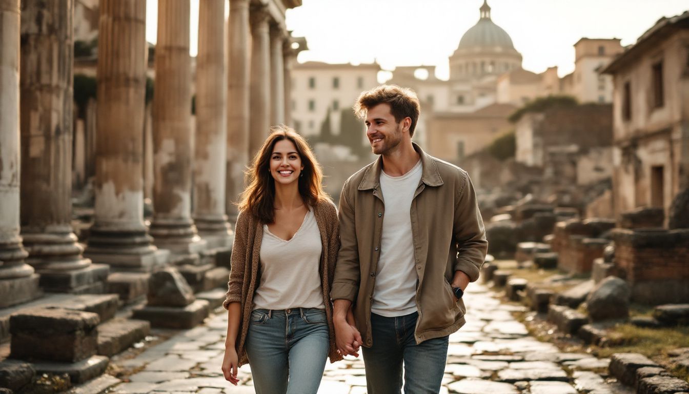 A couple in casual clothing walks hand in hand among ancient ruins.