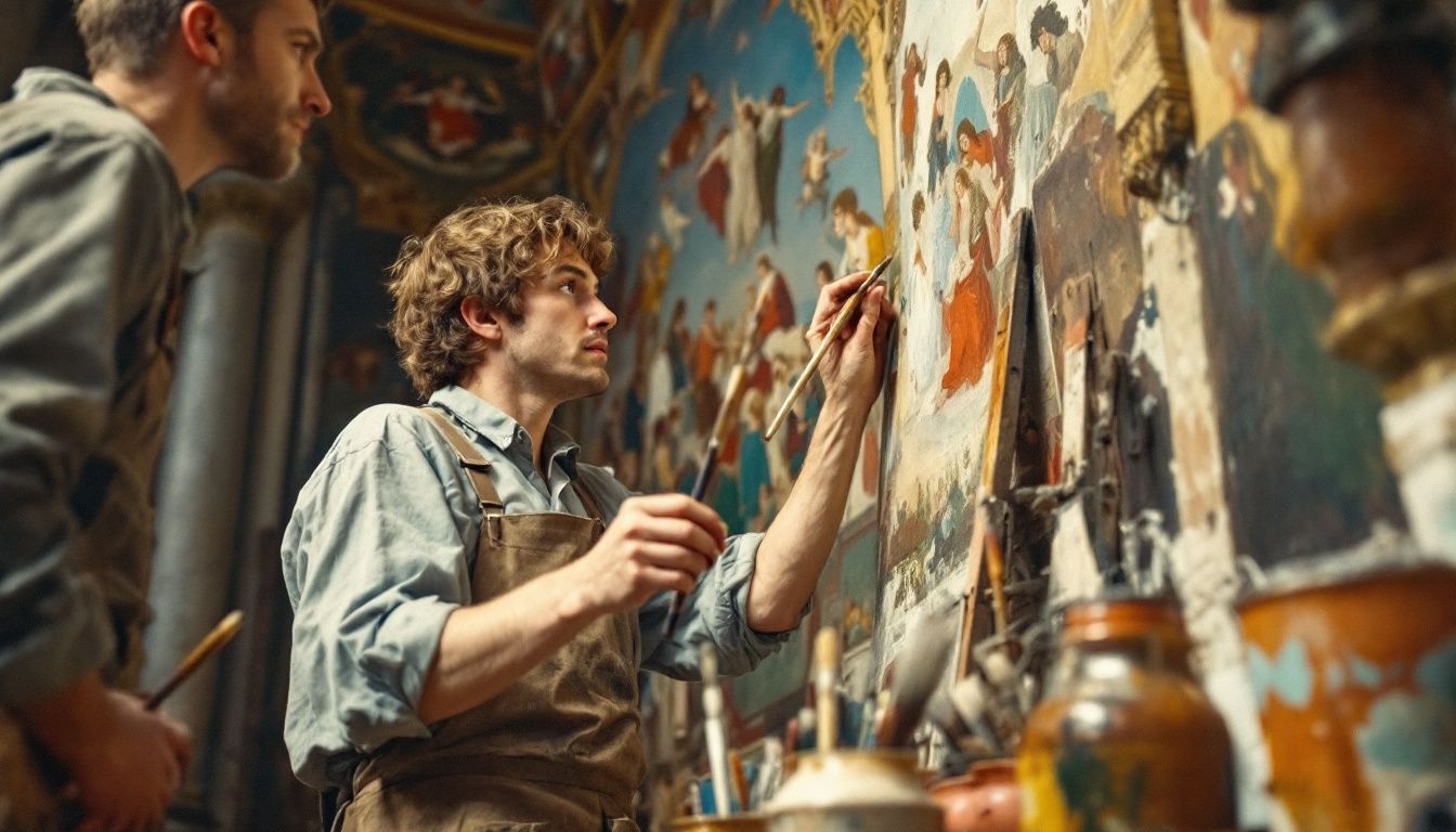 A group of Renaissance artisans painting a cathedral fresco.