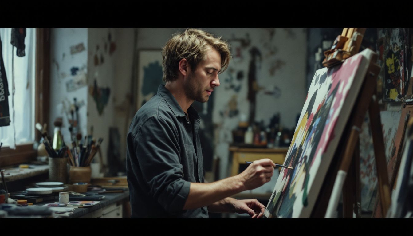 A male artist focused on painting in a cluttered room.