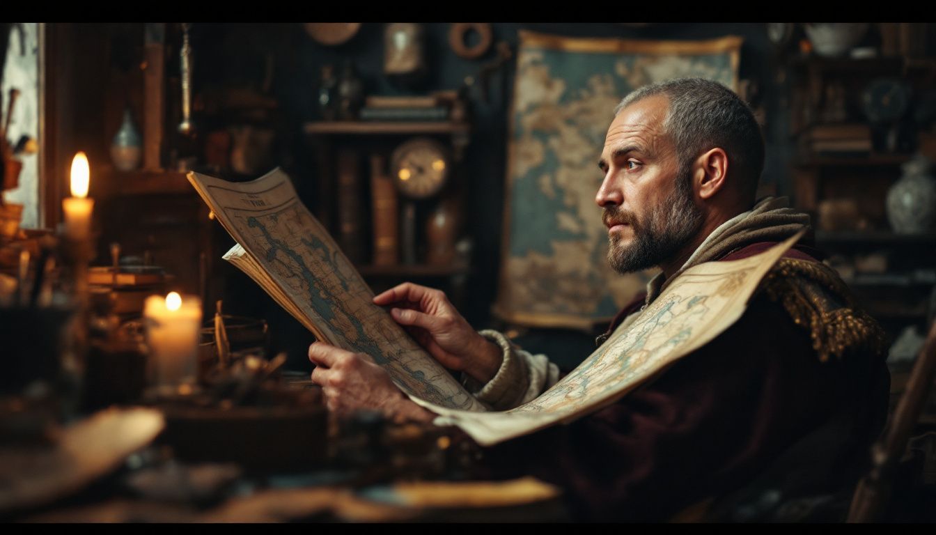 A Renaissance navigator casually studies a detailed map in a cluttered room.