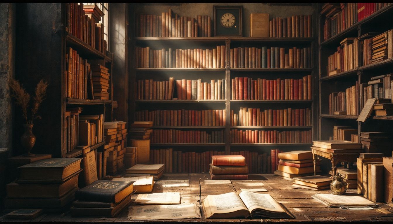 An old library filled with dusty, ancient books and manuscripts.