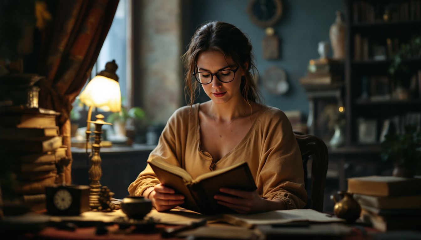 A woman translating a Greek manuscript in a cluttered Renaissance study.