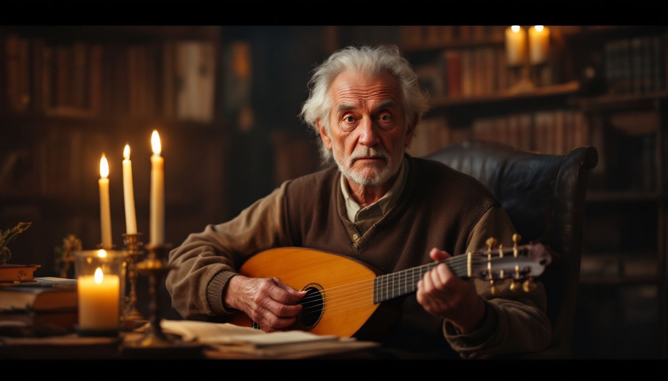 An elderly man plays the lute surrounded by antique books.