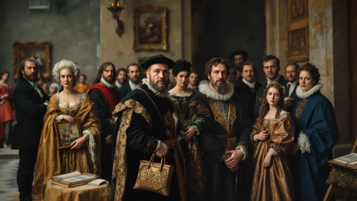 A wealthy Renaissance family and their guests in a palace courtyard.