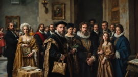 A wealthy Renaissance family and their guests in a palace courtyard.