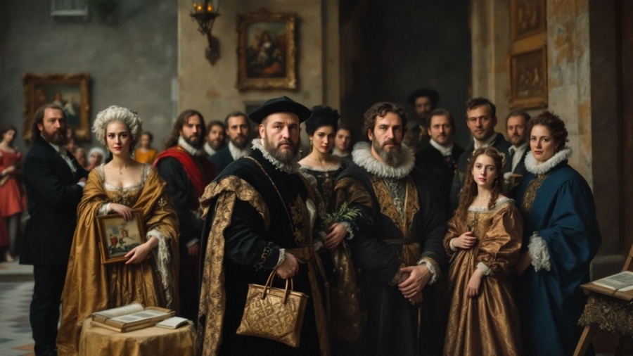 A wealthy Renaissance family and their guests in a palace courtyard.