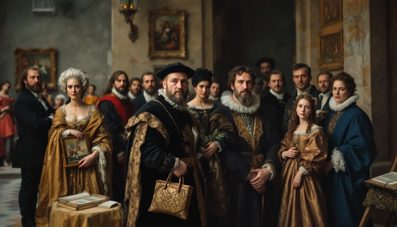 A wealthy Renaissance family and their guests in a palace courtyard.
