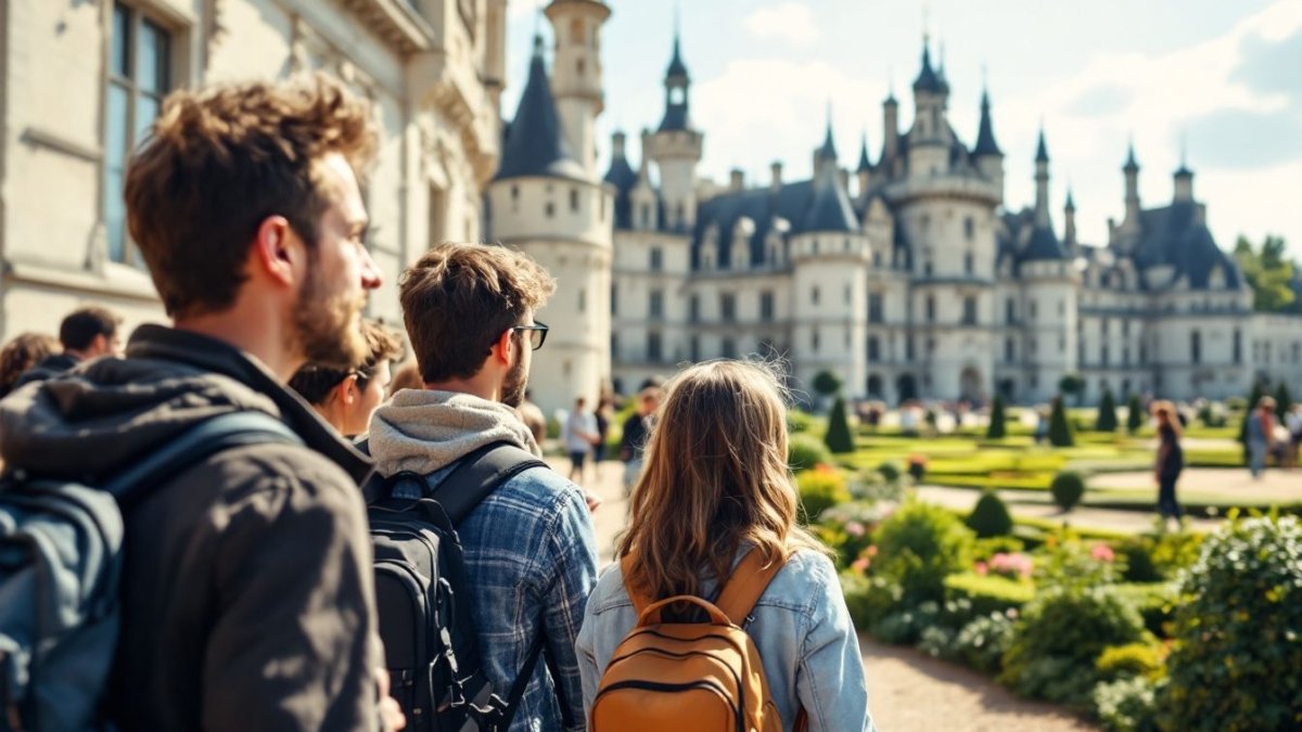 A group of tourists admiring Château de Chambord's architecture in France.